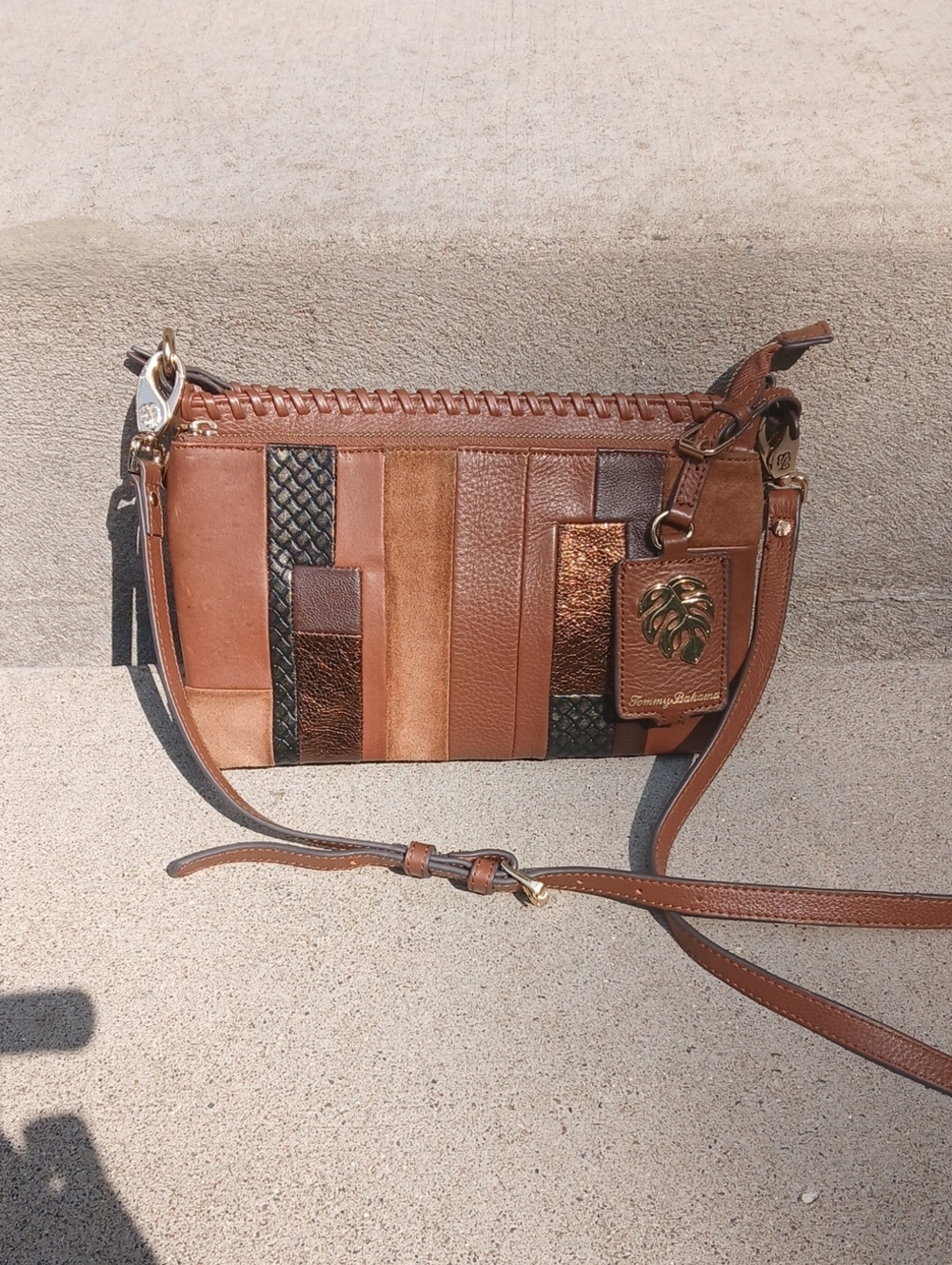 Tommy Bahama brown leather patchwork crossbody bag